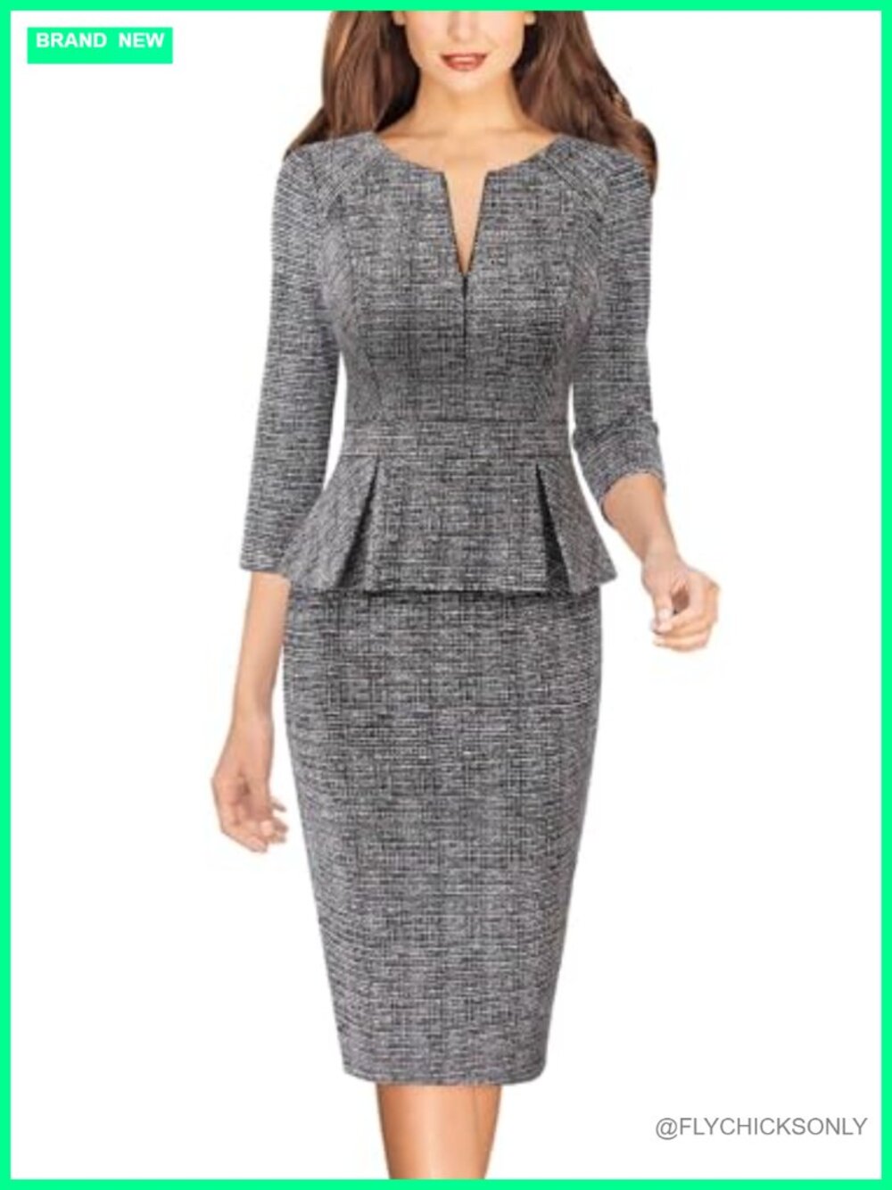 Womens Peplum Sheath Dress 3/4 Sleeve Front Zipper Knee Length Work Business